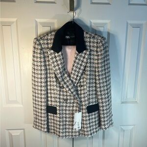 Zara Black and Cream Houndstooth Blazer